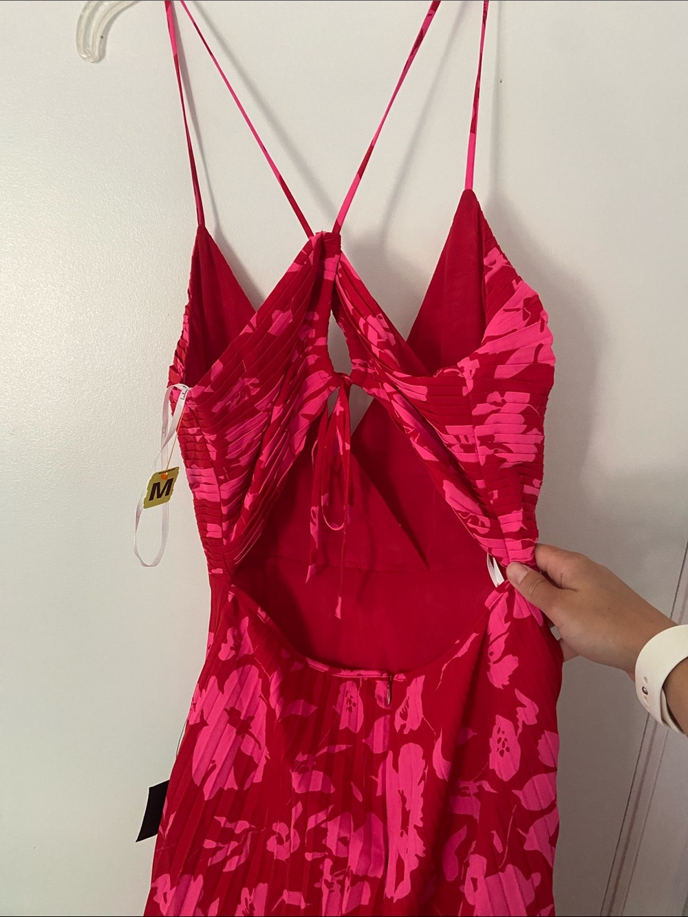 Lulu’s Vibrant Moment Red and Pink Floral Pleated Lace-Up Midi Dress - Picture 9 of 13